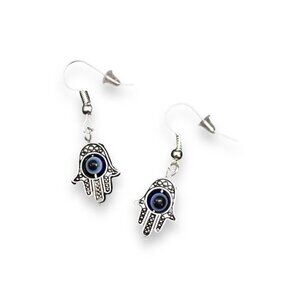 SILVER EVIL EYE HAMSA DANGLE EARRINGS